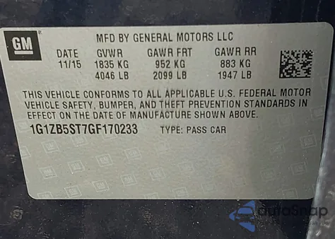 2016 Chevrolet Malibu Ls из США, поврежденный, VIN 1G1ZB5ST7GF170233